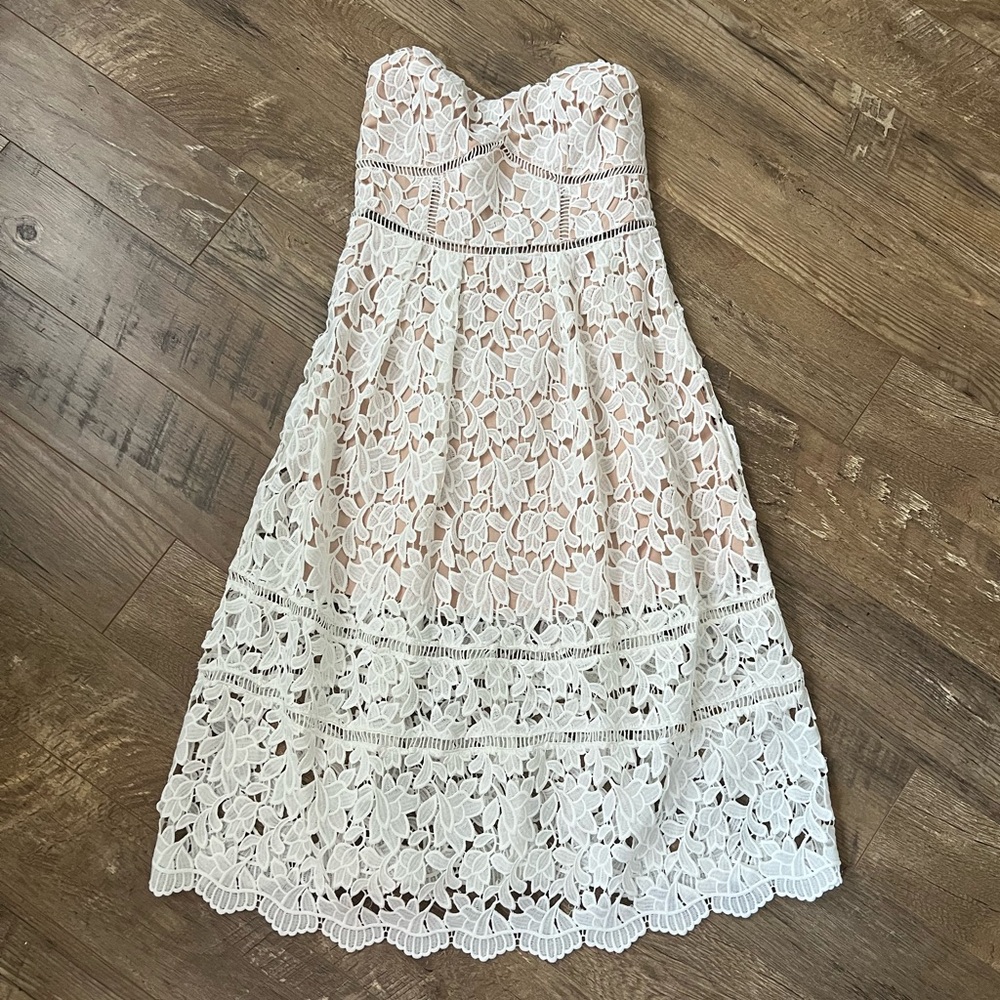 Just Me White Strapless Lace Midi Dress